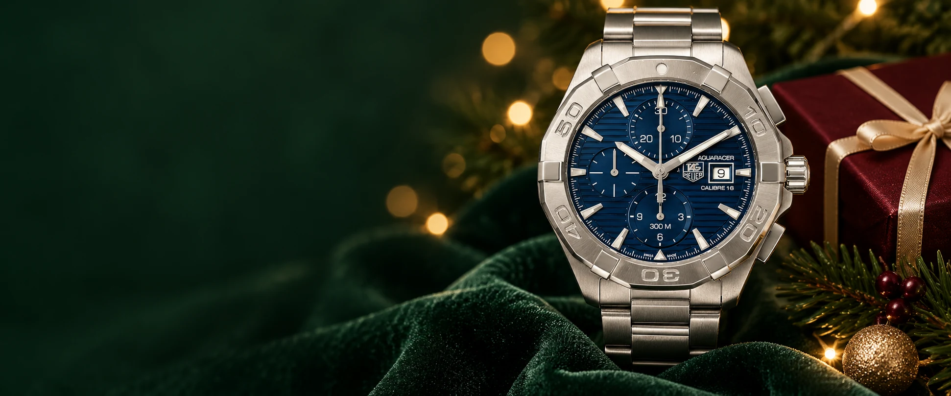 Blue-dial chronograph on forest-green velvet with Christmas gifting detailsslider_item_1
