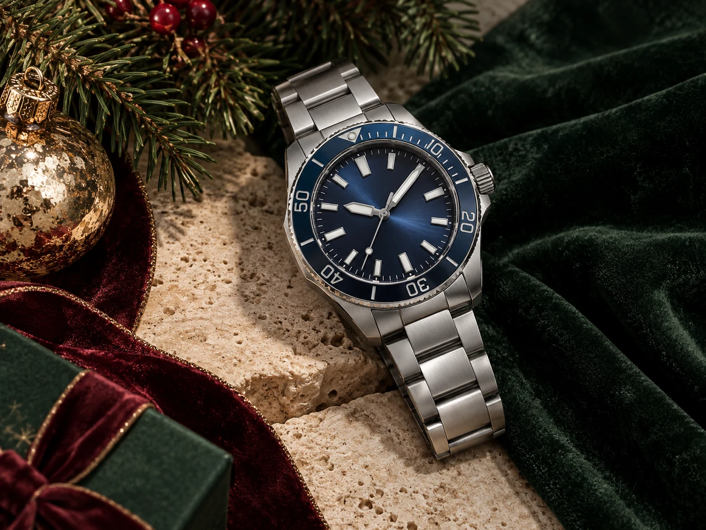 Sporty blue-dial watch with evergreen Christmas details