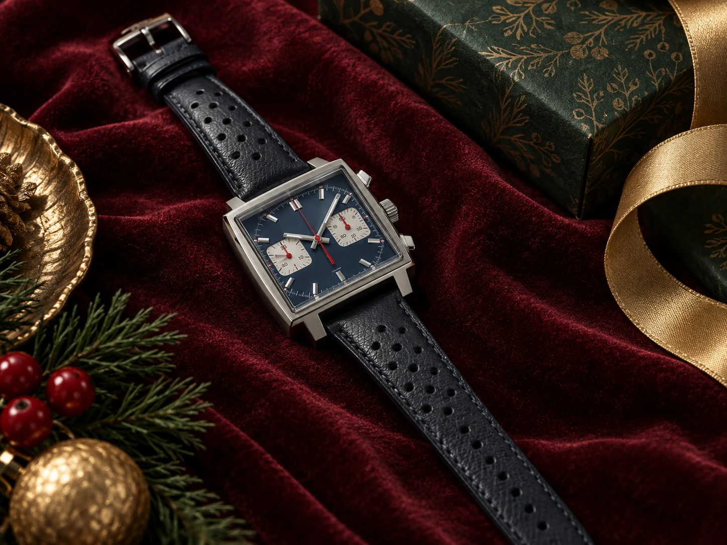 Square watch with burgundy velvet and gift ribbon