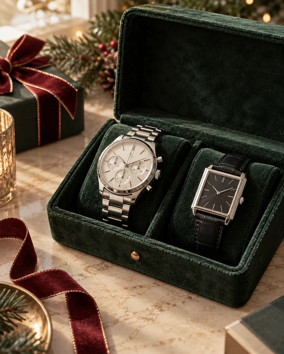 Two watch silhouettes arranged in a festive velvet tray
